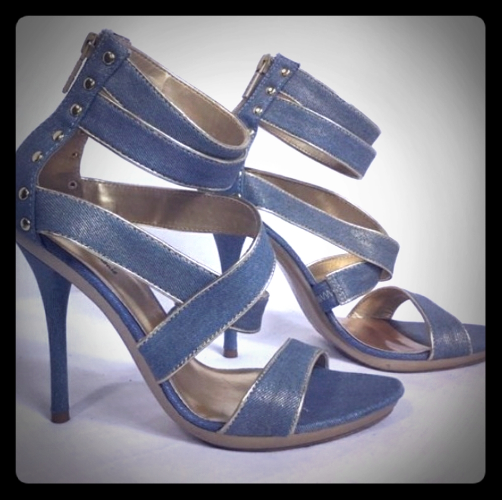 New Michael Antonio Denim and Gold heels